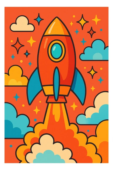 cartoon rocket ship taking off surrounded by playful clouds and sparkles whimsical vibrant style sticker