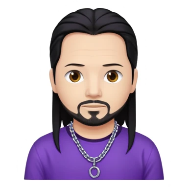 Jonathan Davis with black hair, purple shirt sticker