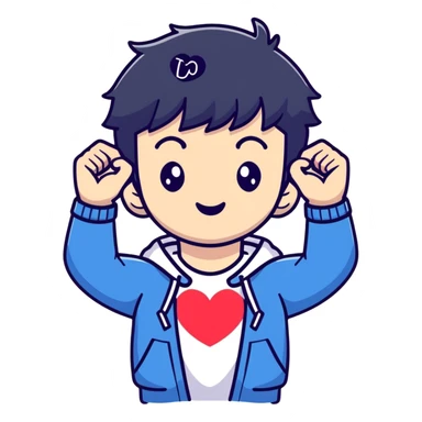 Black-haired male idol making a heart shape with his arms above his head, K-pop style sticker
