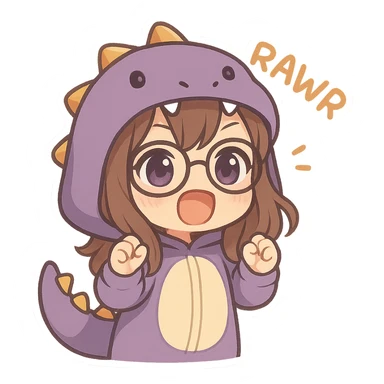 chibi anime style girl with glasses, brown hair, dark purple eyes, wearing a purple dinosaur costume, saying 'rawr' in a cute playful way, with a big open mouth sticker
