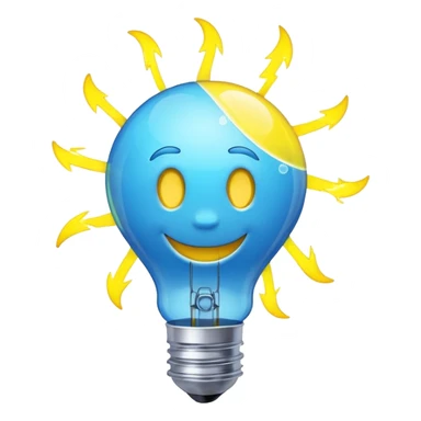neon yellow smiling lightbulb emoji, rotating atom inside, chemical bubbles, electric blue lightning bolt coming out from top, colors #FFD700, #00BFFF, #FF69B4, fun innovation and science sticker