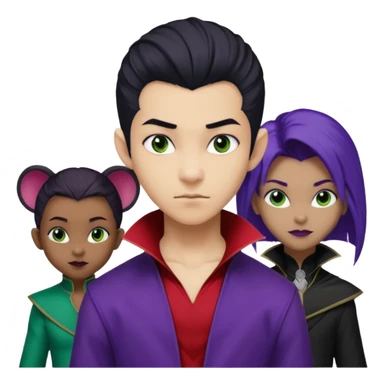 Solo poly platonic relationship, one African girl, one Asian boy, one biracial features Asian tomboy girl rat-tail hair long and upper masculine hair 90s, vampire and marvel cosplay elements inspired  use marvel race, like instead of obvious human, green purple blue etc,  sticker