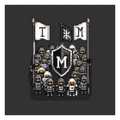 crowd of black knights with a black flag with letter M sticker