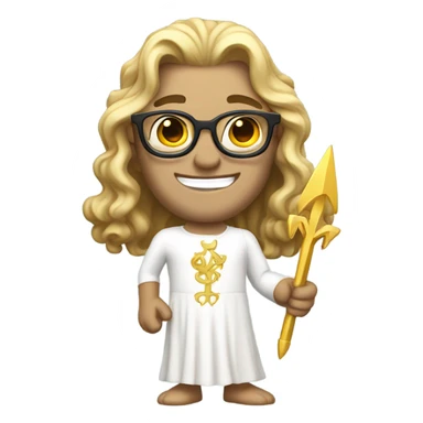 white Poseidon with gold Trident and nerd glasses. long hair white dress. smile . wink. pointing us sticker