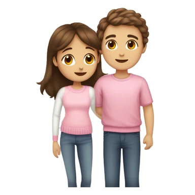 a boy with brown hair kisses a girl with brown hair and white bangs on the cheek, the girl is wearing a pink sweater and the boy is wearing a white T-shirt sticker
