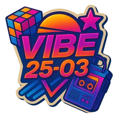 Add a Rubik's cube and a cassette player to this 80's retro VIBE25-03 logo, keeping the neon synthwave style and vibrant colors, with no background. Maintain the vibrant neon synthwave aesthetic and retro vibe. sticker