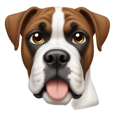 White boxer dog with brown ear sticker