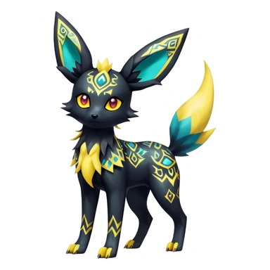 Shiny Exotic Badass Colorful Ethereal Royal Mysterious Gothic Umbreon-Jolteon-Pokémon-Fakémon-hybrid-creature (full body) with pattern-markings sticker