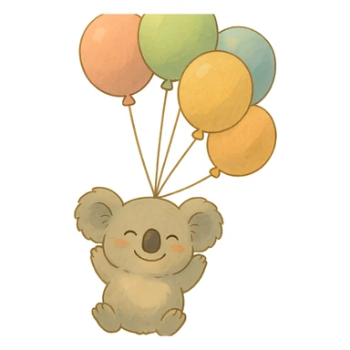 koala floating with pastel balloons, happy face, soft Ghibli style sticker