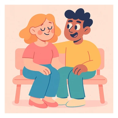 a couple sitting together on a bench, soft pastel style sticker