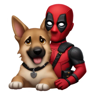 Deadpool holding a German shepherd puppy sticker