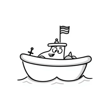 A hand-drawn bath toy boat with a silly grinning face and little flag sticker