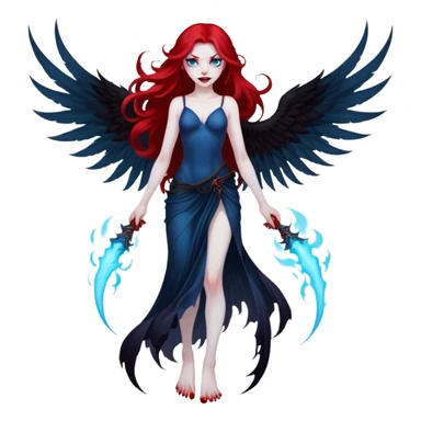 full body portrait of an extremely diabolical girl with pale white skin, massive towering wings, very long flowing blood red hair, glowing blue eyes, evil grin, no accessories, with swirling red and black smog/smoke at the bottom of her feet sticker