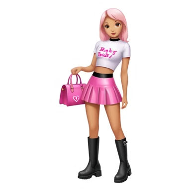 Mini latex skirt and boots and short top with pink inscription “Baby  🕳️” sticker
