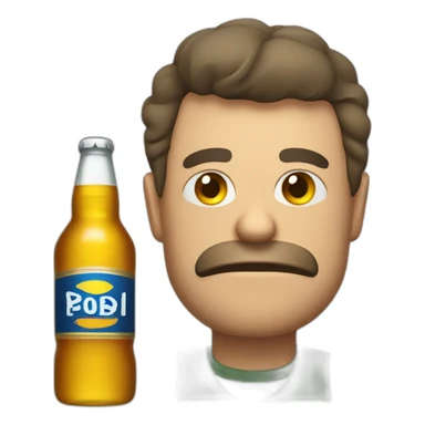 A man with a broken eye and a bottle of beer sticker