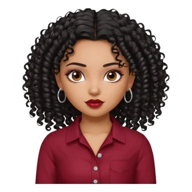 a pretty bratz dusky girl with curly black hair, kajal under eyes, small silver hoop. dark red full sleeve sticker