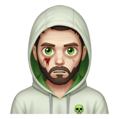 zombie pointing finger, undercut hairstyle with dark brown hair, short full beard, heterochromia with one green eye and one brown eye, wearing plain white hoodie sticker