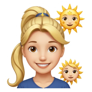 An Emoji of girl with ponytail, who can be described by three words: sun, moo, star sticker