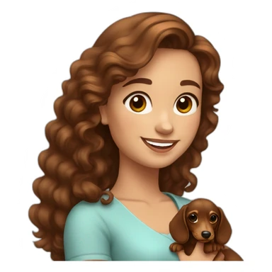 Young lady long curly brown hair smiling and brown eyes with long eyelashes and holding a dachshund  in her arms sticker