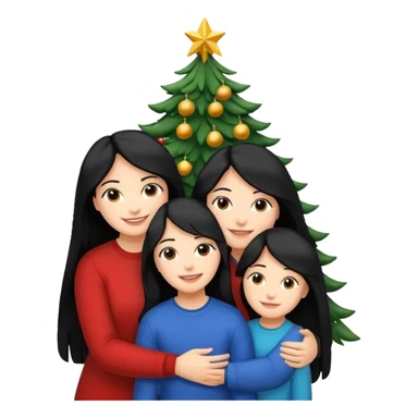 Generate Christmas-style emojis  family. Where light-skinned people stand near the tree all together, hugging and smiling. One girl should be light-skinned with black long hair. Add 4 people: Mother, Sister, Sister, Brother sticker