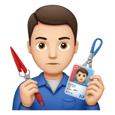 Scissors cutting man ID card in 2 parts. Realistic sticker