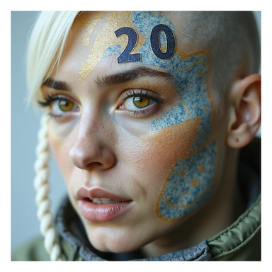 close up of a "20 crisp" banknote. futuristic, cyberpunk. stellar and planetary style designs adorn the bill. the face pictures is a woman in her 20's, gold yellow eyes, white hair in a single long braid, side of head shaved. she wears a military flight bdu sticker