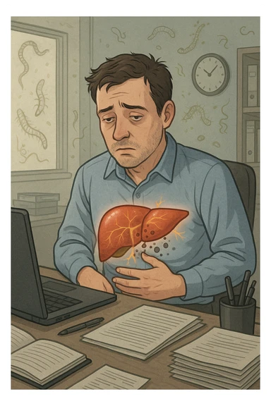 Man sitting at office desk experiencing subtle symptoms of liver dysfunction, upper abdominal pain, nausea, and unexplained fatigue Parasites: Types, Symptoms, Treatment & Prevention, expression of confusion about vague health issues, liver shown in transparent overlay with early inflammation, toxins beginning to accumulate in bloodstream, productivity declining as liver struggles to filter properly sticker