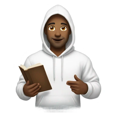 Man wearing white hoodie with book  sticker