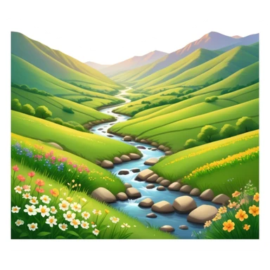 Cinematic Realistic Valley Emoji, Lush and serene, with gently sloping hills surrounding a vibrant green valley filled with wildflowers and a small stream. The soft, golden sunlight filters through the valley, casting peaceful, warm shadows across the landscape. Soft glowing outline, capturing the essence of natural peace and gentle beauty in a sprawling valley. sticker