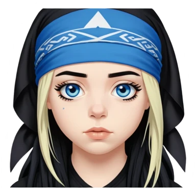 billie eilish blue eyes long black hair dark eyeliner makeup, wearing head bandana sticker