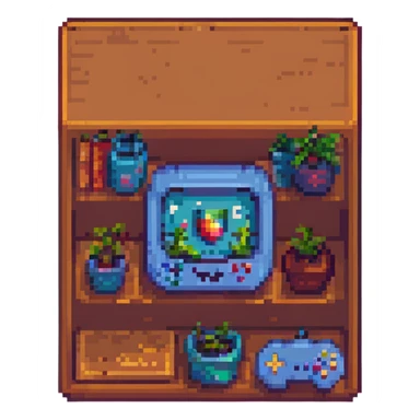 a pixel art shelf, small and blocky, classic video game look sticker