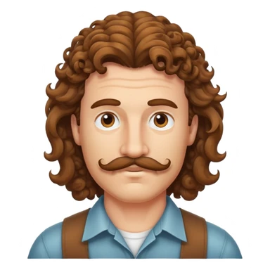 Curly brown mullet with a mustache sticker