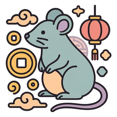 rat, symbol of the year in feng shui, Chinese style, thin clean outlines, soft rounded shapes, pastel palette #98B5BC, #B5B3C1, #C9A3C9, #E4C0CA, #F7DCD1, #F7C0AA, modern Japanese pop art and sticker aesthetics, detailed shadows and highlights, soft lighting, transparent background, with Chinese decor (coins, lanterns, clouds, patterns) sticker
