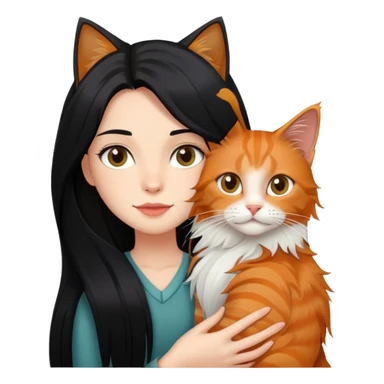 Une fille au cheveux long lisse et noir portant un chat type Maine coon de couleur roux  sticker