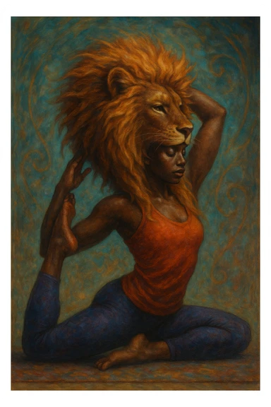 A Black woman in a yoga pose with a subtle lion mane framing her face, merging human and animal features in a graceful, empowering way. sticker