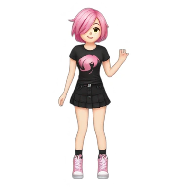 Full body Front view curvy emo girl pink hair sits on the floor straight view hands up black skirt полосатые рваные чулки sticker