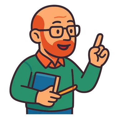 bald teacher with a short beard and glasses explaining the material sticker
