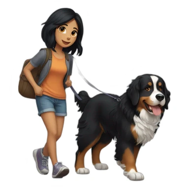Girl with black hair walking a Bernese mountain dog  sticker