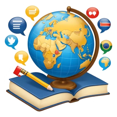 An icon featuring a globe with speech bubbles in different languages, symbolizing the study of foreign languages. The design includes a book and a pencil, representing learning and communication across cultures. Transparent background highlights the global nature of language education. sticker