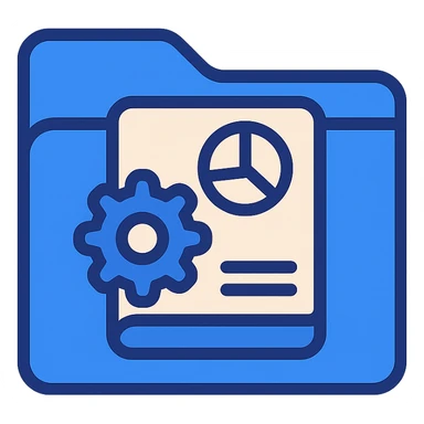 Place the book icon with gear and chart clearly visible and centered on the front of the blue folder. Keep the folder unchanged and leave some space around the edges. The style should be flat and modern with a fully transparent background, prioritizing clarity and recognizability. sticker