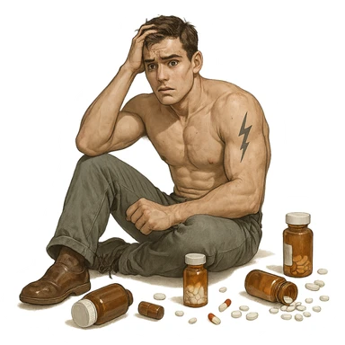 muscular but inexperienced young man surrounded by scattered bottles and pills, worried expression, temporary lightning tattoo on arm, experimental atmosphere, realistic details, isolated on white background sticker