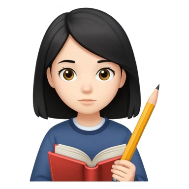 🏼😵‍💫👩✏️📚 balck mid length hair, soft bubble cute, introverted highschool student sticker