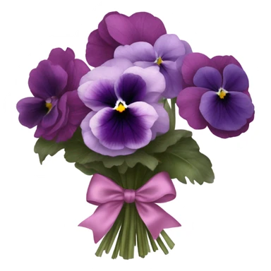 A bundle of pastel pansies and dark violet peonies wrapped in translucent deep pink fabric with a delicate bow. sticker