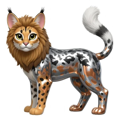 Realistic patterned marked edgy greyish blackish whitish silvery coppery Shiny Colorful Glossy Genet-Caracal-Lion-Bunny-Bobcat-fusion-animal-hybrid-creature, full body, big-tufted-bat-ears, long-thin-tufted-white-tipped-tail sticker