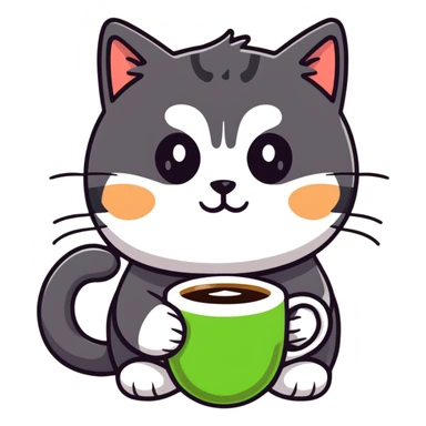 tricolor fluffy cat with big green eyes drinking a cup of coffee sticker