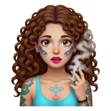 woman with long curly brown hair, brown eyes, white skin, tattoos, neon fog coming from her breath sticker