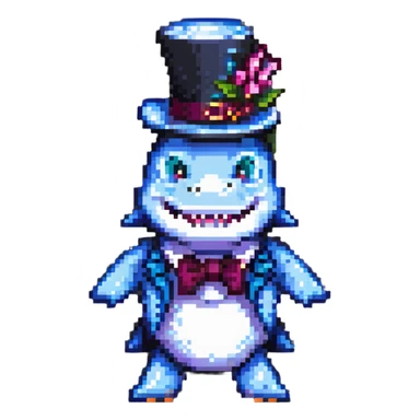 pixel art shark with a fancy tophat, simple background sticker