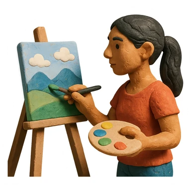 tanned woman artist with long black hair in a ponytail, painting a landscape at an easel, holding a paint palette and brush, claymation style sticker