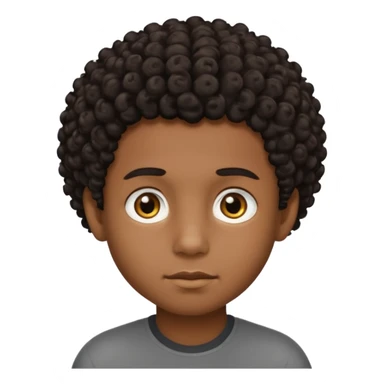 This avatar of black boy has tightly curly dark hair styled upward, a rounded face with golden-brown eyes, and a neutral expression sticker