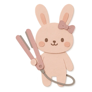 kawaii hair straightener bunny with a tiny bow, gentle happy face, soft pink, full-body sticker